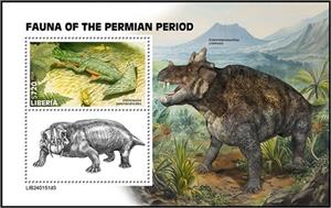 Souvenir Sheet, Diplocaulus salamandroides, Liberia,  , Prehistoric Animals, Prehistory