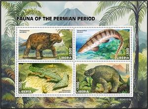 Mini Sheet, Fauna of the Permian Period, Liberia,  , Animals (Fauna), Fishes, Prehistoric Animals, Prehistory, Reptiles