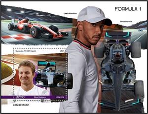 Souvenir Sheet, Nico Rosberg and Mercedes F1 W07 Hybrid, Liberia,  , Formula One, Sports