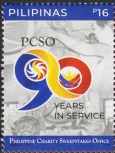 Stamp, PCSO 90 Years in Service, Philippines,  , Anniversaries and Jubilees, Charity, Government Departments, Logos, Lotteries, Numbers