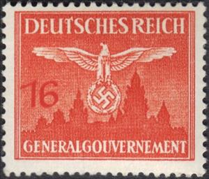 Stamp, Third Reich Emblem, Silhouette of Krakow Wawel Castle, Poland, German Occupation In WWII,  , Birds, Castles, Coats of Arms, Eagles, Heraldic Animals, Stylized Animals, Symbols, Townscapes / City Views