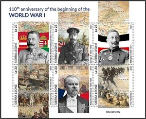 Mini Sheet, 110th Anniversary of the Beginning of World War I, Sierra Leone,  , Anniversaries and Jubilees, First World War