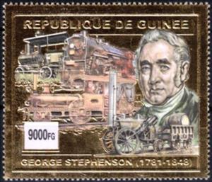 Stamp, Ancient Locomotives - George Stephenson - Gold, Guinea,  , Engineers, Famous People, Locomotives, Railways
