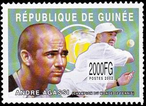 Stamp, Andre Agassi (World tennis champion), Guinea,  , Famous People, Sports, Tennis