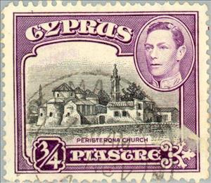 Stamp, King George VI & Peristerona Church and Mosque, Cyprus,  , Heads of State, Kings, Mosque, Churches - Cathedrals - Basilicas - Chapels