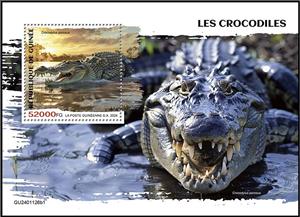 Souvenir Sheet, Crocodylus porosus, Guinea,  , Crocodiles, Reptiles