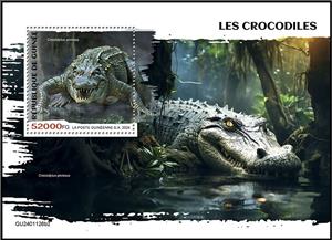 Souvenir Sheet, Crocodylus porosus, Guinea,  , Crocodiles, Reptiles