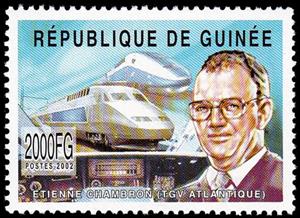 Stamp, Etienne Chambron (TGV Atlantic), Guinea,  , Engineers, Famous People, Изобретатели, Locomotives, Railways