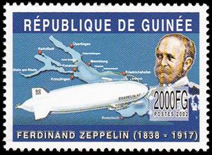 Stamp, Ferdinand Zeppelin (1838-1917) - Zeppelin NT, map, Guinea,  , Famous People, Generals, Изобретатели, Zeppelins