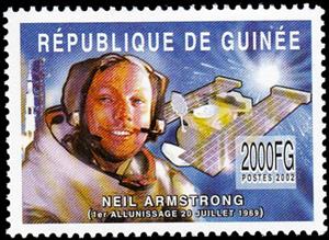 Stamp, Neil Armstrong (1st Moon Landing July 20, 1969), Guinea,  , Astronauts, Famous People, Moon Landing, Space Traveling