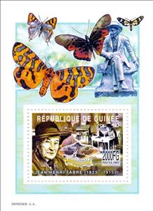 Souvenir Sheet, Personalities - Jean Henri Fabre, Guinea,  , Authors, Botanists, Butterflies and Moths, Chemists, Famous People, Naturalists, Physicists