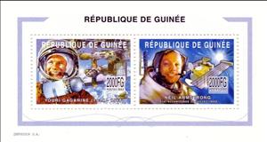 Mini Sheet, Personalities - Yuri Gagarin and Neil Armstrong, Guinea,  , Astronauts, Famous People, Moon Landing, Pilots, Space Traveling