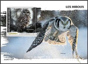 Souvenir Sheet, Strix occidentalis, Guinea,  , Birds, Owls