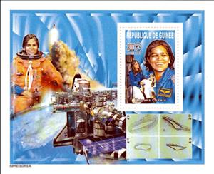 Souvenir Sheet, Tribute to the Columbia STS-107 Crew - Kalpana Chawla, Guinea,  , Astronauts, Disasters, Outer Space, Space Traveling, Космический корабли