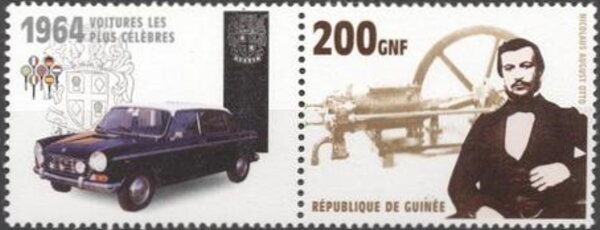 Stamp with Attached Label, Cars - Nicolaus August Otto and 1964 Austin, Guinea,  , Automobile Industry, Cars, Engineers, Famous People, Изобретатели
