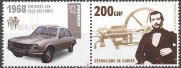 Stamp with Attached Label, Cars - Nicolaus August Otto and 1968 Peugeot, Guinea,  , Automobile Industry, Cars, Engineers, Famous People, Изобретатели