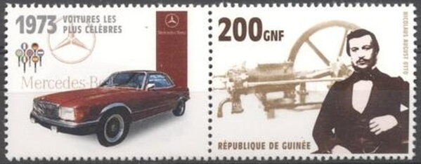 Stamp with Attached Label, Cars - Nicolaus August Otto and 1973 Mercedes Benz, Guinea,  , Automobile Industry, Cars, Engineers, Famous People, Изобретатели