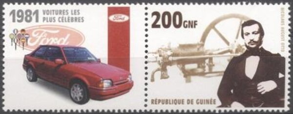 Stamp with Attached Label, Cars - Nicolaus August Otto and 1981 Ford, Guinea,  , Automobile Industry, Cars, Engineers, Famous People, Изобретатели