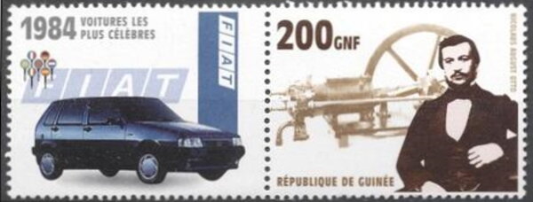 Stamp with Attached Label, Cars - Nicolaus August Otto and 1984 Fiat, Guinea,  , Automobile Industry, Cars, Engineers, Famous People, Изобретатели