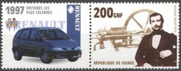 Stamp with Attached Label, Cars - Nicolaus August Otto and 1997 Renault, Guinea,  , Automobile Industry, Cars, Engineers, Famous People, Изобретатели