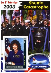 Souvenir Sheet, Shuttle Catastrophe - Laurel B. Clark, Guinea,  , Astronauts, Aviation, Disasters, Space Traveling, Космический корабли