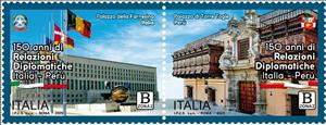 Se-tenant, Diplomatic Relations with Peru, 150 Years, Italy,  , Anniversaries and Jubilees, Architecture, Diplomacy, Flags, Joint Issues