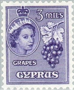 Stamp, Queen Elizabeth & Grapes, Cyprus,  , Heads of State, Fruits, Queens, Plants (Flora)