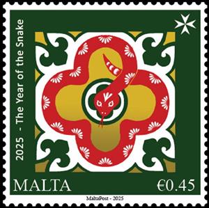 Stamp, Year of the Snake 2025, Malta,  , Animals (Fauna), Chinese New Year, Chinese Zodiac, Reptiles, Snakes, Stylized Animals, Zodiac
