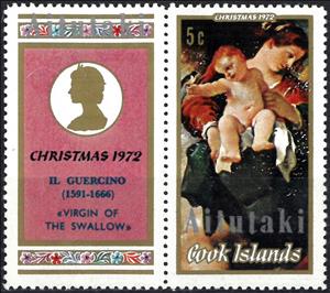 Stamp with Attached Label, Madonna of the Swallow by Guercino, optd Aitutaki, Aitutaki,  , Art, Christmas, Paintings
