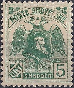 Stamp, Skanderbeg (George Castriota) and coat of arms, Albania,  , Animals (Fauna), Coats of Arms, Heraldic Animals