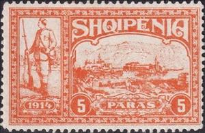 Stamp, Warrior and view of Valona (Vlorë), Albania,  , Men, Military Forces, Townscapes / City Views, Weapons