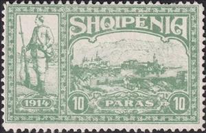 Stamp, Warrior and view of Valona (Vlorë), Albania,  , Men, Military Forces, Townscapes / City Views, Weapons