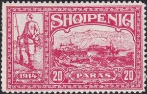 Stamp, Warrior and view of Valona (Vlorë), Albania,  , Men, Military Forces, Townscapes / City Views, Weapons