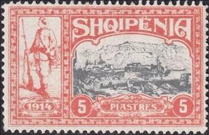 Stamp, Warrior and view of Valona (Vlorë), Albania,  , Men, Military Forces, Townscapes / City Views, Weapons