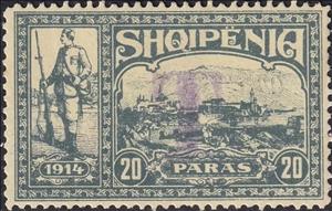 Stamp, Warrior and view of Valona (Vlorë), Albania,  , Men, Military Forces, Townscapes / City Views, Weapons