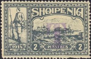 Stamp, Warrior and view of Valona (Vlorë), Albania,  , Men, Military Forces, Townscapes / City Views, Weapons