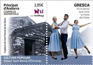 Stamp with Attached Label, Esbart Sant Romà d'Encamp Dance Troupe, Andorra, Spanish Administration,  , Dance
