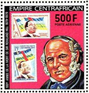 Stamp, Sir Rowland Hill and President Barthélémy Boganda stamp, Central African Republic,  , Anniversaries and Jubilees, Heads of State, Postal History, Postmasters, Stamps