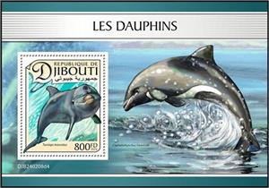 Souvenir Sheet, Bottlenose Dolphin (Tursiops truncatus), Djibouti,  , Dolphins, Sea Life