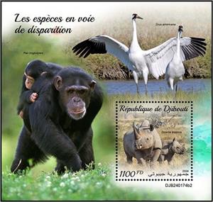 Souvenir Sheet, Diceros bicornis, Djibouti,  , Animals (Fauna), Apes, Cranes (Birds), Rhinoceroses