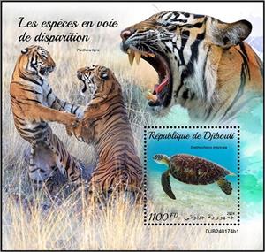 Souvenir Sheet, Eretmochelys imbricat, Djibouti,  , Animals (Fauna), Mammals, Reptiles, Tigers, Turtles, Wild Cats