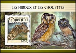 Souvenir Sheet, Great Horned Owl (Bubo virginianus), Djibouti,  , Animals (Fauna), Birds, Birds of Prey, Owls