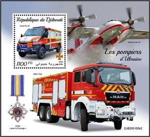 Souvenir Sheet, Iveco PL-M, Djibouti,  , Aircraft, Aviation, Fire-brigade, Medals and Marks of Honour, Vehicles