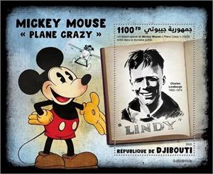 Souvenir Sheet, The Mickey Mouse Cartoon 'Plane Crazy' (1929), Djibouti,  , Cartoons, Disney, Movies