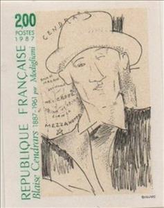 Stamp, Cendrars Blaise (1887-1961) by Modigliani, France,  , Art, Authors, Commemoration, Drawings, Famous People, Literary People (Poets and Writers), Literature, Men