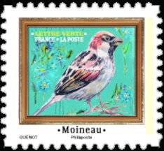 Stamp, House Sparrow (Passer domesticus), France,  , Birds
