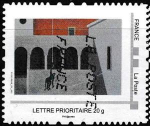 Stamp, Contemporary painting of a Building with Archs, France,  , Architecture, Art, Buildings, Paintings
