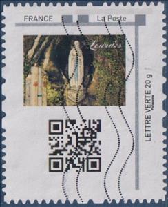 Stamp, Lourdes. Statue of the Virgin. QR Code, France,  , Christian, Religion, Statues