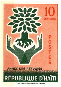 Stamp, Uprooted Oak emblem and hands, Haiti,  , Aid to Refugees, Hands, International Years, Refugees, Stylized Plants