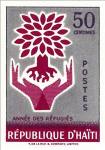 Stamp, Uprooted Oak emblem and hands, Haiti,  , Aid to Refugees, Hands, International Years, Refugees, Stylized Plants